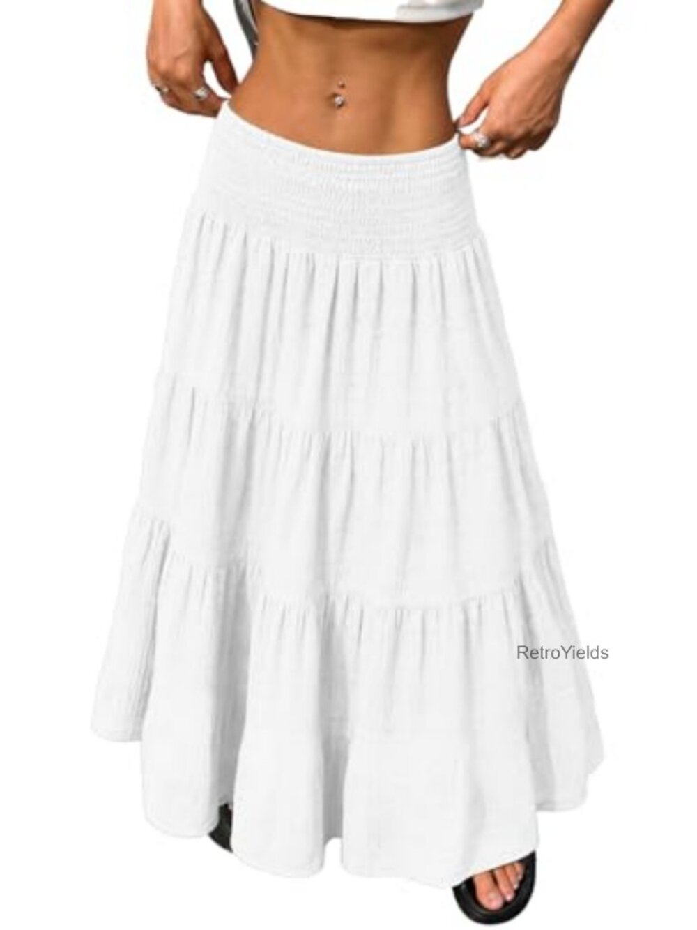 Women's Boho Tiered Maxi Skirt Smocked Elastic Waist Lightweight Flowy A-Line